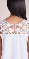 Back view of a white linen blouse with intricate crochet lace detailing on the shoulders