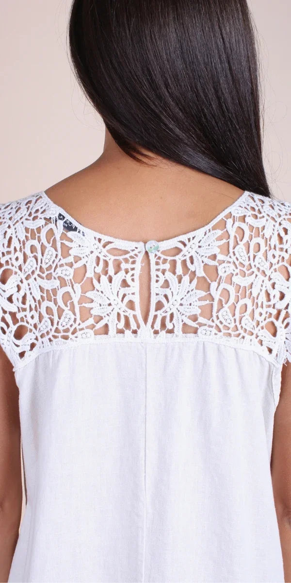 Back view of a white linen blouse with intricate crochet lace detailing on the shoulders