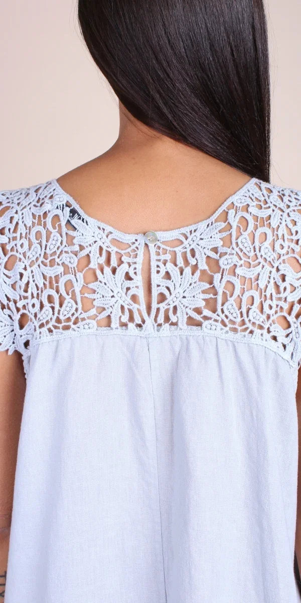 Back view of a light blue linen dress with floral lace yoke and button keyhole detail