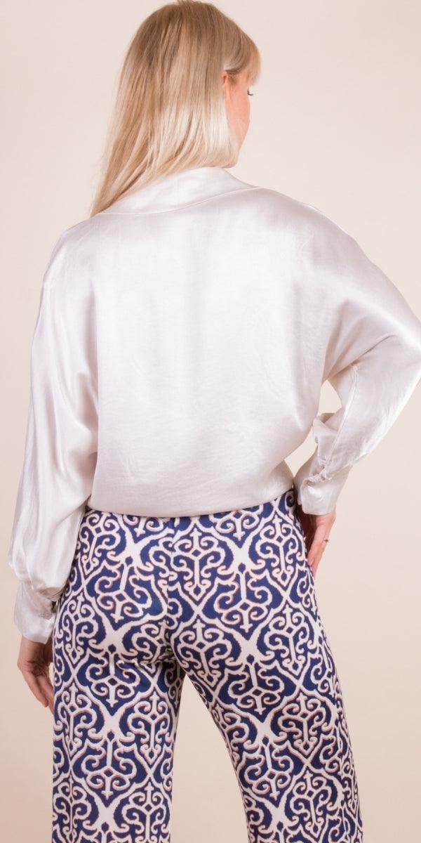 Isabel Top - Gigi Moda - Made in Italy # button down, collared, Gigi Moda, italian apparel, italian brand, Italian Clothing, italian shirt, Made in Italy, online shopping, OS, Satin, satin top, shop gigi moda, ties at front, Top