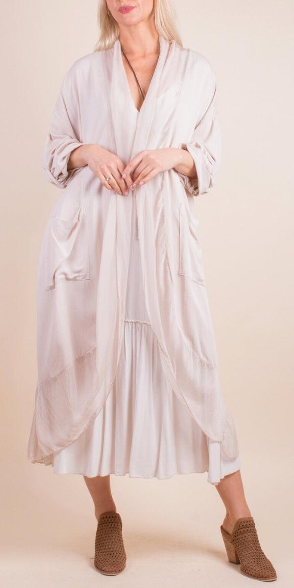 Prato Cardigan - Gigi Moda - Made in Italy # Cardigan, front pockets, Gigi Moda, italian top, Jacket, long cardigan, Made in Italy, one size, OS, Pockets, resort wear, Ruffle, ruffles, Silk, Sleeves