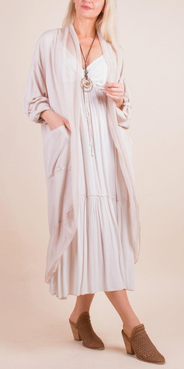 Prato Cardigan - Gigi Moda - Made in Italy # Cardigan, front pockets, Gigi Moda, italian top, Jacket, long cardigan, Made in Italy, one size, OS, Pockets, resort wear, Ruffle, ruffles, Silk, Sleeves