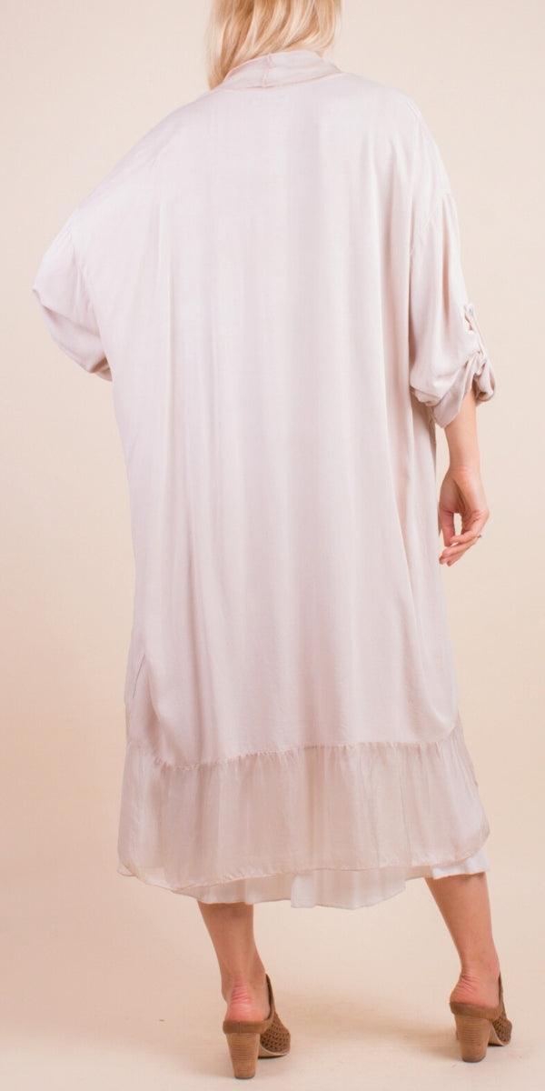 Prato Cardigan - Gigi Moda - Made in Italy # Cardigan, front pockets, Gigi Moda, italian top, Jacket, long cardigan, Made in Italy, one size, OS, Pockets, resort wear, Ruffle, ruffles, Silk, Sleeves