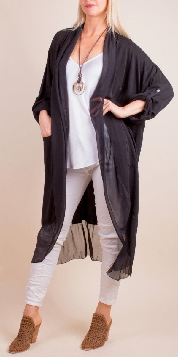 Prato Cardigan - Gigi Moda - Made in Italy # Cardigan, front pockets, Gigi Moda, italian top, Jacket, long cardigan, Made in Italy, one size, OS, Pockets, resort wear, Ruffle, ruffles, Silk, Sleeves