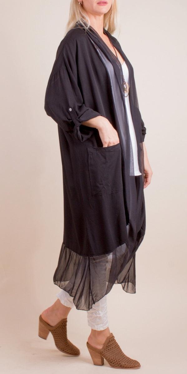 Prato Cardigan - Gigi Moda - Made in Italy # Cardigan, front pockets, Gigi Moda, italian top, Jacket, long cardigan, Made in Italy, one size, OS, Pockets, resort wear, Ruffle, ruffles, Silk, Sleeves