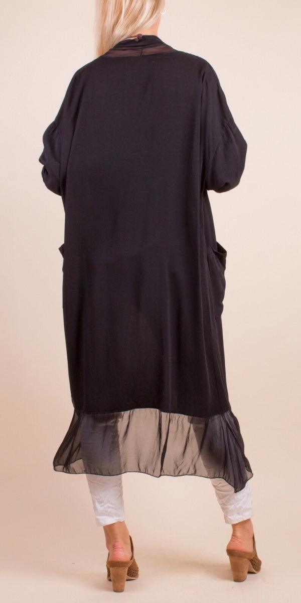 Prato Cardigan - Gigi Moda - Made in Italy # Cardigan, front pockets, Gigi Moda, italian top, Jacket, long cardigan, Made in Italy, one size, OS, Pockets, resort wear, Ruffle, ruffles, Silk, Sleeves