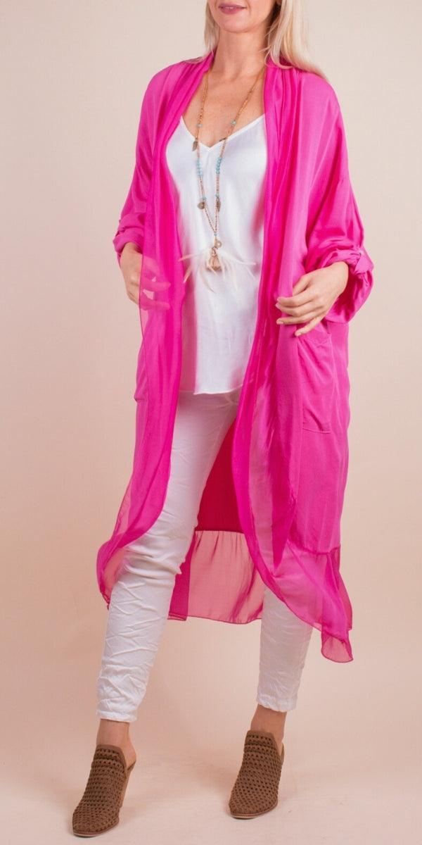 Prato Cardigan - Gigi Moda - Made in Italy # Cardigan, front pockets, Gigi Moda, italian top, Jacket, long cardigan, Made in Italy, one size, OS, Pockets, resort wear, Ruffle, ruffles, Silk, Sleeves