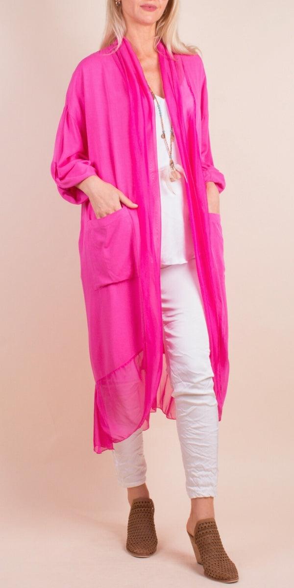 Prato Cardigan - Gigi Moda - Made in Italy # Cardigan, front pockets, Gigi Moda, italian top, Jacket, long cardigan, Made in Italy, one size, OS, Pockets, resort wear, Ruffle, ruffles, Silk, Sleeves