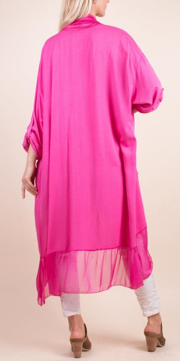 Prato Cardigan - Gigi Moda - Made in Italy # Cardigan, front pockets, Gigi Moda, italian top, Jacket, long cardigan, Made in Italy, one size, OS, Pockets, resort wear, Ruffle, ruffles, Silk, Sleeves