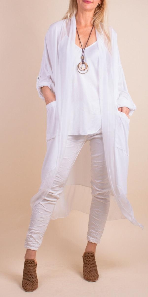 Prato Cardigan - Gigi Moda - Made in Italy # Cardigan, front pockets, Gigi Moda, italian top, Jacket, long cardigan, Made in Italy, one size, OS, Pockets, resort wear, Ruffle, ruffles, Silk, Sleeves