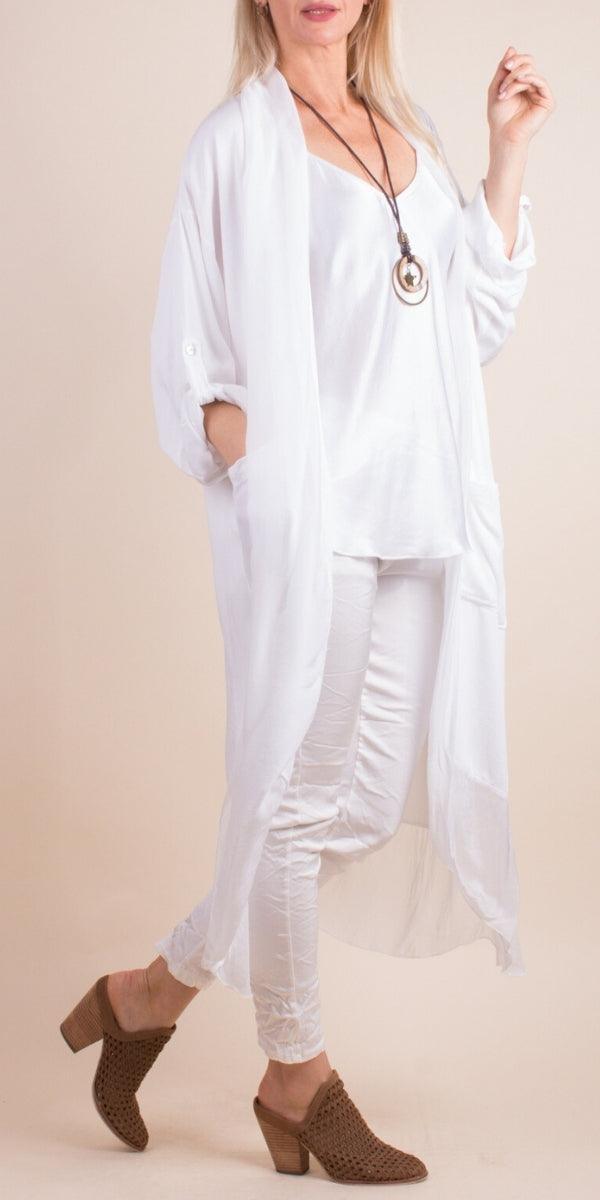 Prato Cardigan - Gigi Moda - Made in Italy # Cardigan, front pockets, Gigi Moda, italian top, Jacket, long cardigan, Made in Italy, one size, OS, Pockets, resort wear, Ruffle, ruffles, Silk, Sleeves