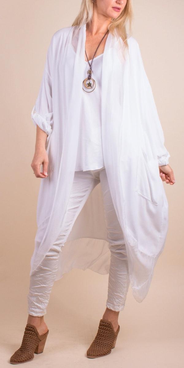 Prato Cardigan - Gigi Moda - Made in Italy # Cardigan, front pockets, Gigi Moda, italian top, Jacket, long cardigan, Made in Italy, one size, OS, Pockets, resort wear, Ruffle, ruffles, Silk, Sleeves