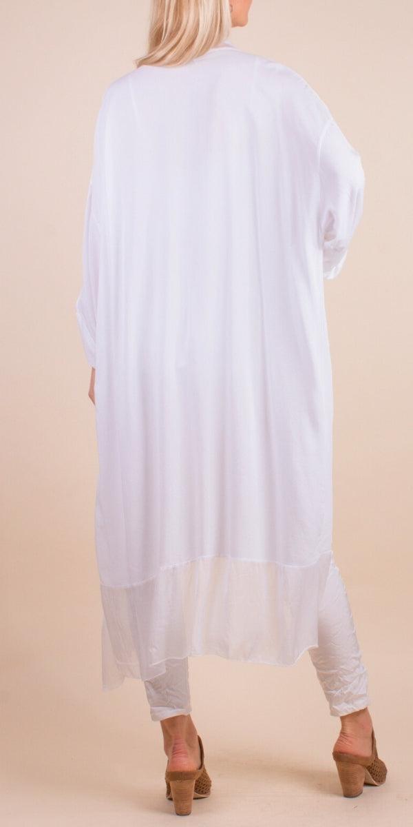 Prato Cardigan - Gigi Moda - Made in Italy # Cardigan, front pockets, Gigi Moda, italian top, Jacket, long cardigan, Made in Italy, one size, OS, Pockets, resort wear, Ruffle, ruffles, Silk, Sleeves