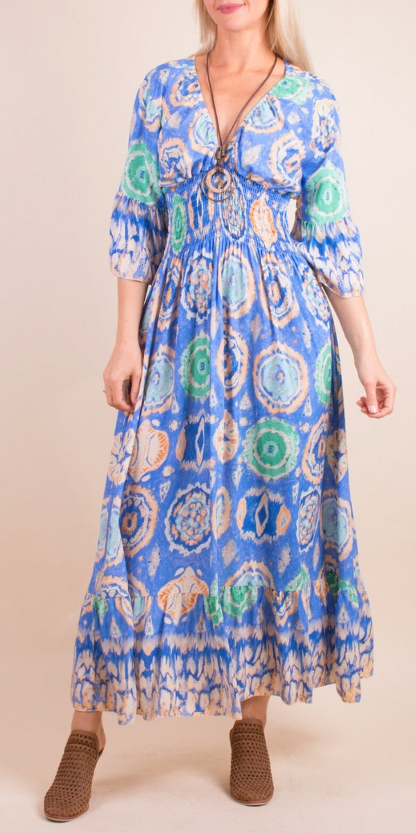 Imperia Ikat Dress - Gigi Moda - Made in Italy # Dress, Gigi Moda, ikat print, Made in Italy, Maxi Dress, ruched, ruffles, RUFFLES DRESS