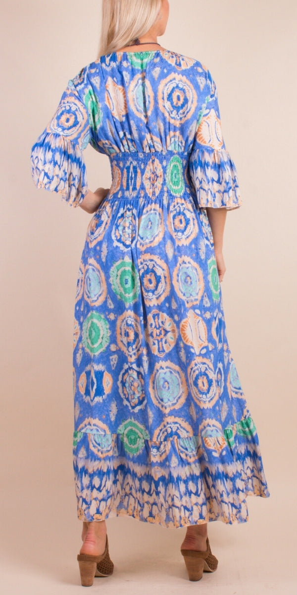 Imperia Ikat Dress - Gigi Moda - Made in Italy # Dress, Gigi Moda, ikat print, Made in Italy, Maxi Dress, ruched, ruffles, RUFFLES DRESS