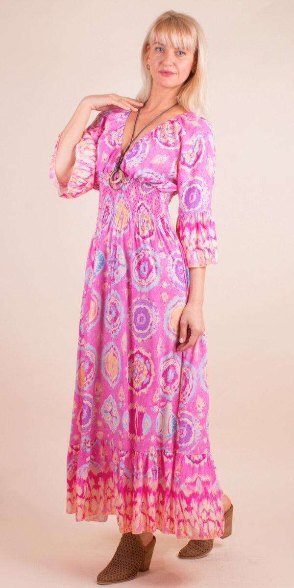 Imperia Ikat Dress - Gigi Moda - Made in Italy # Dress, Gigi Moda, ikat print, Made in Italy, Maxi Dress, ruched, ruffles, RUFFLES DRESS
