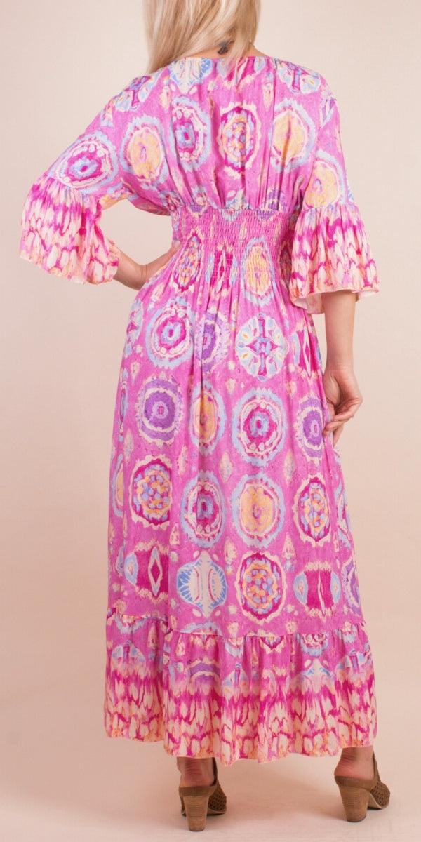 Imperia Ikat Dress - Gigi Moda - Made in Italy # Dress, Gigi Moda, ikat print, Made in Italy, Maxi Dress, ruched, ruffles, RUFFLES DRESS
