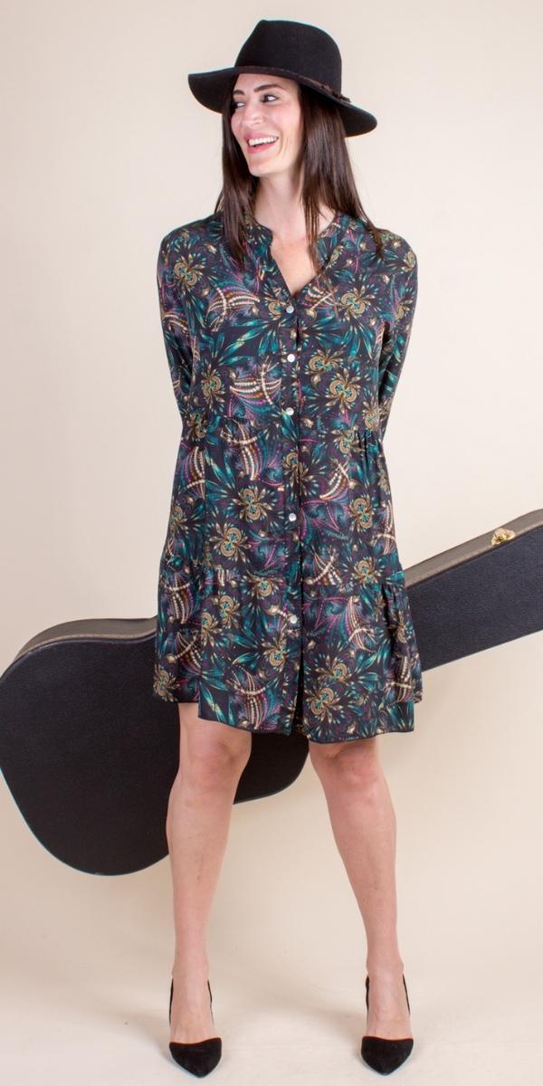 Bambolina Dress - Gigi Moda - Made in Italy # 3/4 Sleeves, bohemian, button down, button down dress, Dress, Gigi Moda, kaleidoscope print, Made in Italy, mandarin collar, maxretail, Tiered, TIERED RUFFLED DRESS