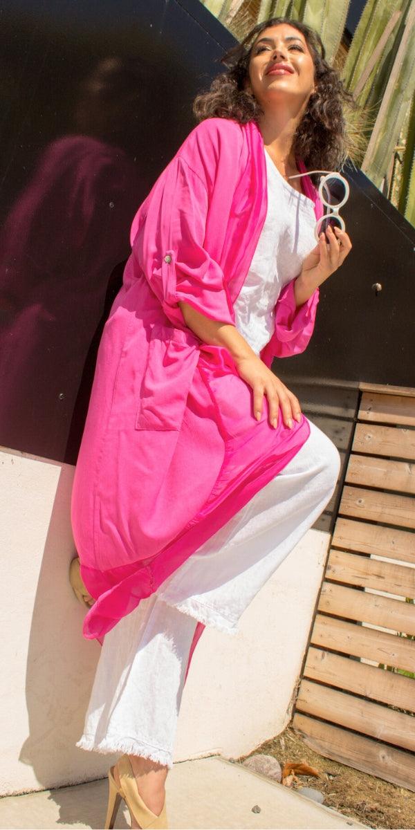 Prato Cardigan - Gigi Moda - Made in Italy # Cardigan, front pockets, Gigi Moda, italian top, Jacket, long cardigan, Made in Italy, one size, OS, Pockets, resort wear, Ruffle, ruffles, Silk, Sleeves