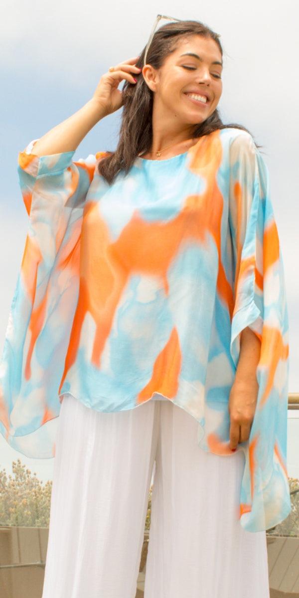 Seta Aura Print Kaftan - Gigi Moda - Made in Italy # 100% Silk, Blouse, gigi moda, italian silk blouse, Kaftan, Made in Italy, maxretail, OS, resort, resort wear, Silk, silk blouse