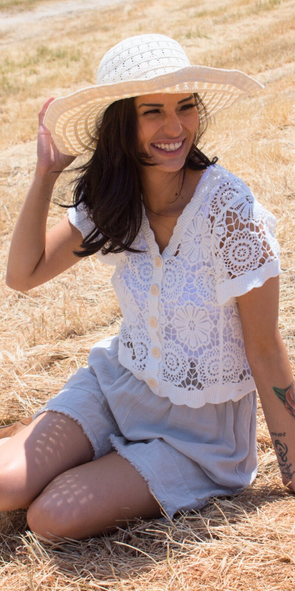 Diletta Crochet Cardigan - Gigi Moda - Made in Italy # bohemian, button down, Cardigan, Cotton, Crochet, crochet top, Crop Top, floral, floral design, Gigi Moda, Knit Cardigan, Made in Italy, one size, short sleeve, Top