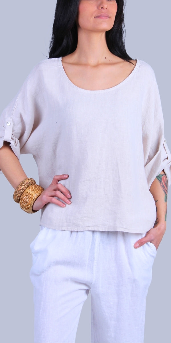 Ina Linen Blouse - Gigi Moda - Made in Italy # 100% Linen, Blouse, buttoned sleeves, casual, free shipping, Gigi Moda, Kaftan, Linen, Made in Italy, OS, resort wear, spring, summer