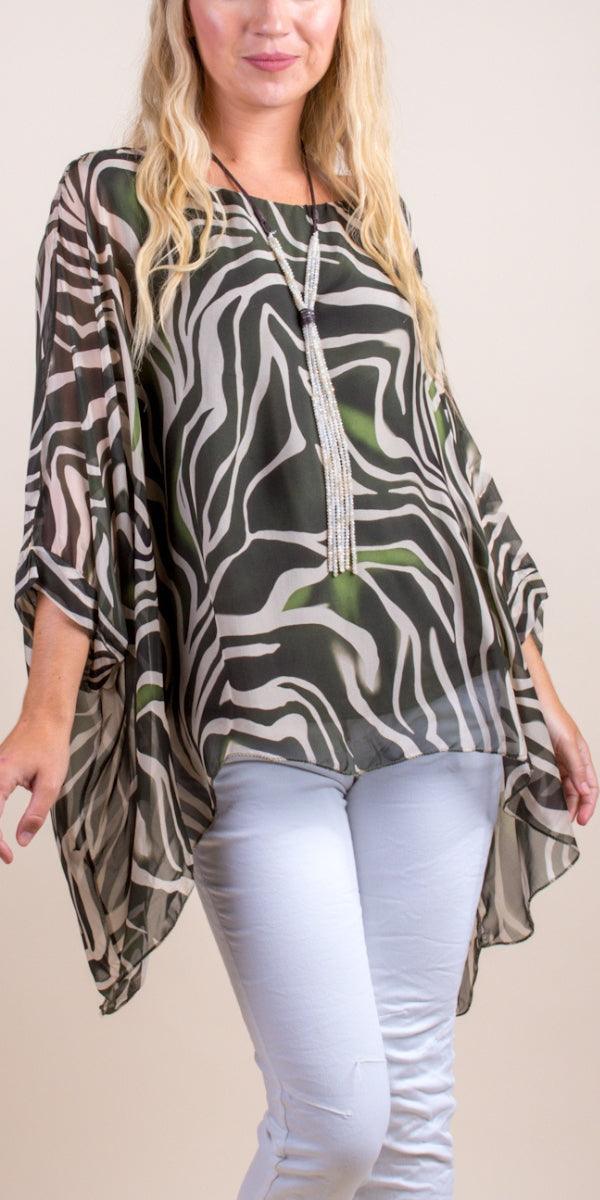Seta Zebra Print Kaftan - Gigi Moda - Made in Italy # animal print, Blouse, gigi moda, italian silk blouse, Kaftan, Made in Italy, maxretail, OS, resort, resort wear, Silk, silk blouse