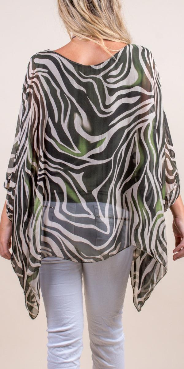 Seta Zebra Print Kaftan - Gigi Moda - Made in Italy # animal print, Blouse, gigi moda, italian silk blouse, Kaftan, Made in Italy, maxretail, OS, resort, resort wear, Silk, silk blouse
