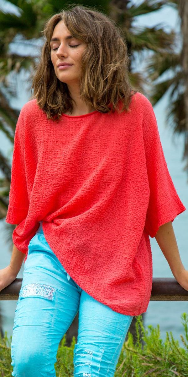 Rina Waffle Cotton Top - Gigi Moda - Made in Italy # Cotton, gauze, Gigi Moda, Made in Italy, one size, Round-Neck, shirt, spring, summer, Top, waffle, waffle cotton