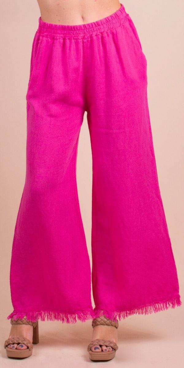 Ilaria Linen Pants - Gigi Moda - Made in Italy # 100% Linen, bottoms, elastic waistband, Frayed Edge, Gigi Moda, Linen, linen pants, Made in Italy, Pants, resort, resort wear, spring, stretch waistband, summer, washable