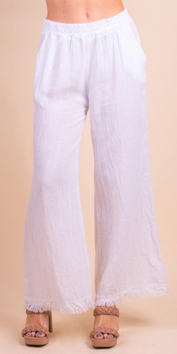 Ilaria Linen Pants - Gigi Moda - Made in Italy # 100% Linen, bottoms, elastic waistband, Frayed Edge, Gigi Moda, Linen, linen pants, Made in Italy, Pants, resort, resort wear, spring, stretch waistband, summer, washable