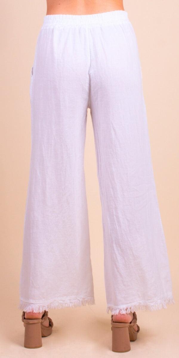 Ilaria Linen Pants - Gigi Moda - Made in Italy # 100% Linen, bottoms, elastic waistband, Frayed Edge, Gigi Moda, Linen, linen pants, Made in Italy, Pants, resort, resort wear, spring, stretch waistband, summer, washable
