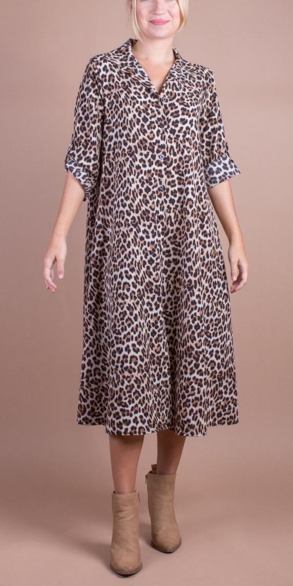 Fauna Midi Dress - Gigi Moda - Made in Italy # A-Line Dress, animal print, button down, button down dress, cheetah print, Dress, gigi moda, long dress, Made in Italy, maxretail, midi dress, resort wear, Rolled Sleeves
