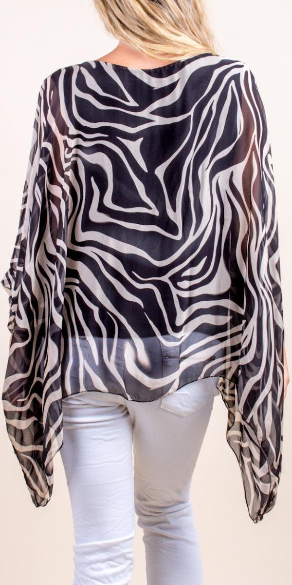 Seta Zebra Print Kaftan - Gigi Moda - Made in Italy # animal print, Blouse, gigi moda, italian silk blouse, Kaftan, Made in Italy, maxretail, OS, resort, resort wear, Silk, silk blouse