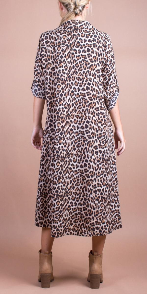 Fauna Midi Dress - Gigi Moda - Made in Italy # A-Line Dress, animal print, button down, button down dress, cheetah print, Dress, gigi moda, long dress, Made in Italy, maxretail, midi dress, resort wear, Rolled Sleeves