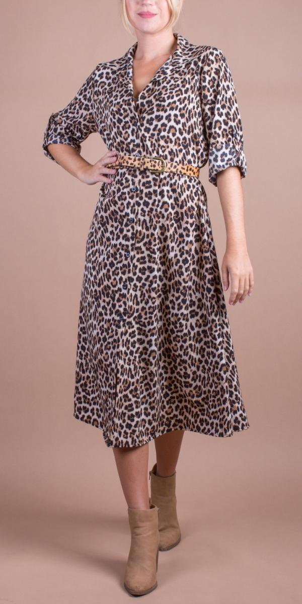 Fauna Midi Dress - Gigi Moda - Made in Italy # A-Line Dress, animal print, button down, button down dress, cheetah print, Dress, gigi moda, long dress, Made in Italy, maxretail, midi dress, resort wear, Rolled Sleeves