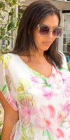 Amante Fiore Silk Top - Gigi Moda - Made in Italy # banded bottom, Blouse, floral, floral design, floral pattern, Floral Print, flutter sleeve, gigi moda, Made in Italy, maxretail, silk, stretch waistband, top, v-neck