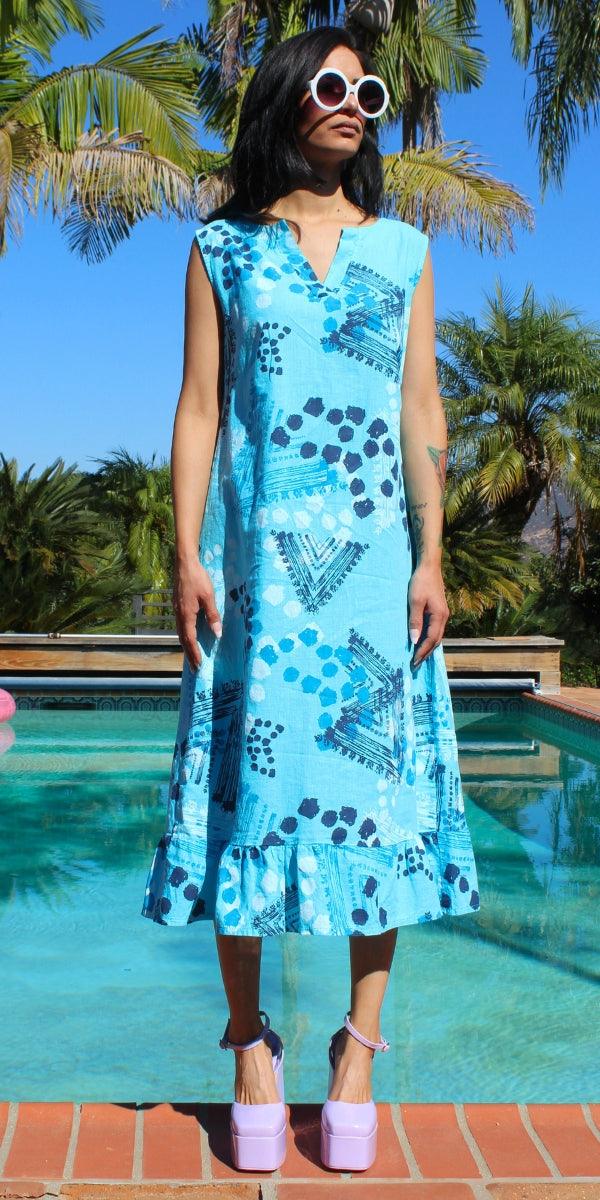 Tribale Linen Dress - Gigi Moda - Made in Italy # dot print, dots, Dress, free shipping, Gigi Moda, Linen, linen dress, Made in Italy, midi dress, one size, OS, resort, resort wear, ruffled hem, Sleeveless, tribal print, V Neck