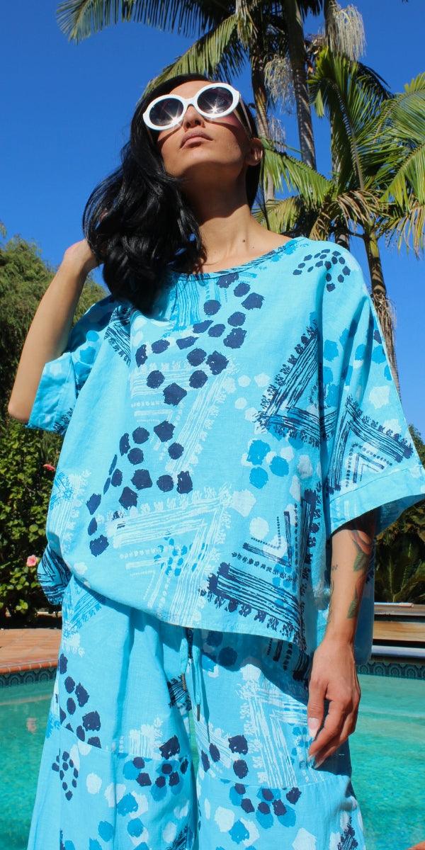 Lucy Tribale Blouse - Gigi Moda - Made in Italy # 100% Linen, Blouse, dot print, dots, Gigi Moda, Kaftan, Made in Italy, OS, shirt, Top, tribal print