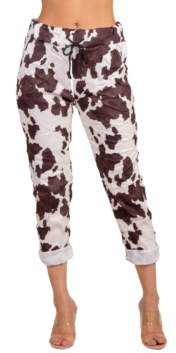 Geniviv Cow Print Pant - Gigi Moda - Made in Italy # animal print, comfortable pants, cow print, cuffed pant, drawstring, drawstring pant, drawstring pants, Gigi Moda, Made in Italy, one size, OS, Pants