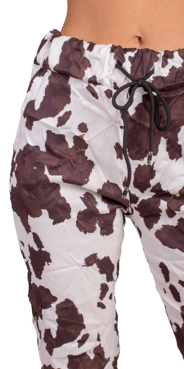 Geniviv Cow Print Pant - Gigi Moda - Made in Italy # animal print, comfortable pants, cow print, cuffed pant, drawstring, drawstring pant, drawstring pants, Gigi Moda, Made in Italy, one size, OS, Pants