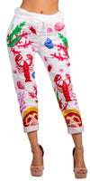 Geniviv Ariel Pant - Gigi Moda - Made in Italy # aquatic print, comfortable pants, cuffed pant, drawstring, drawstring pant, drawstring pants, Gigi Moda, lobster, Made in Italy, one size, OS, Pants, under the sea
