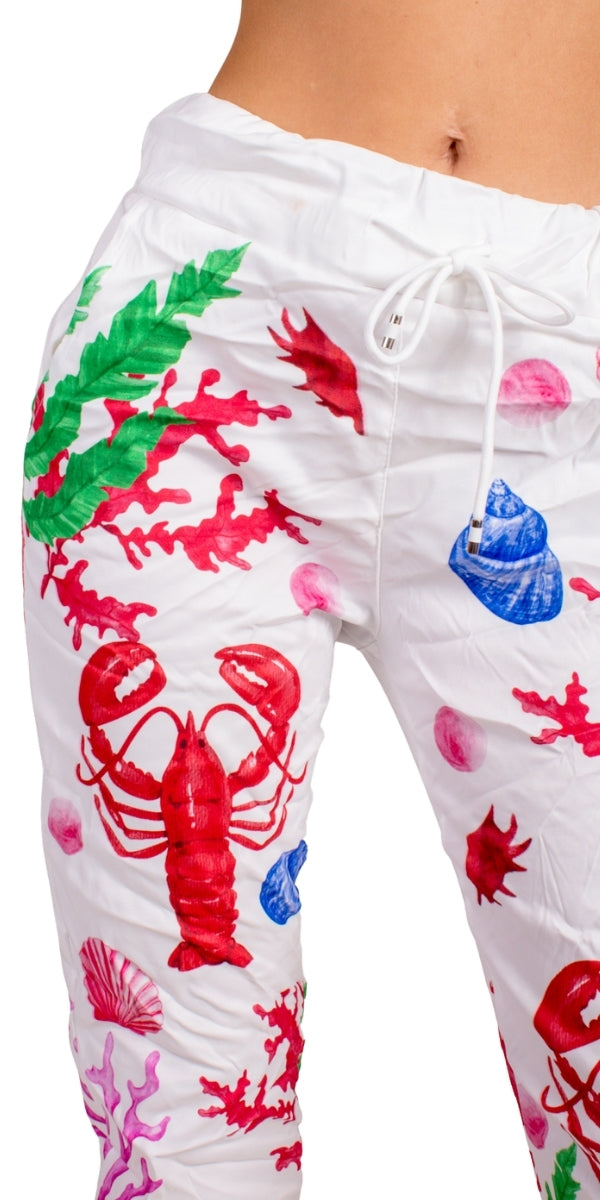 Geniviv Ariel Pant - Gigi Moda - Made in Italy # aquatic print, comfortable pants, cuffed pant, drawstring, drawstring pant, drawstring pants, Gigi Moda, lobster, Made in Italy, one size, OS, Pants, under the sea
