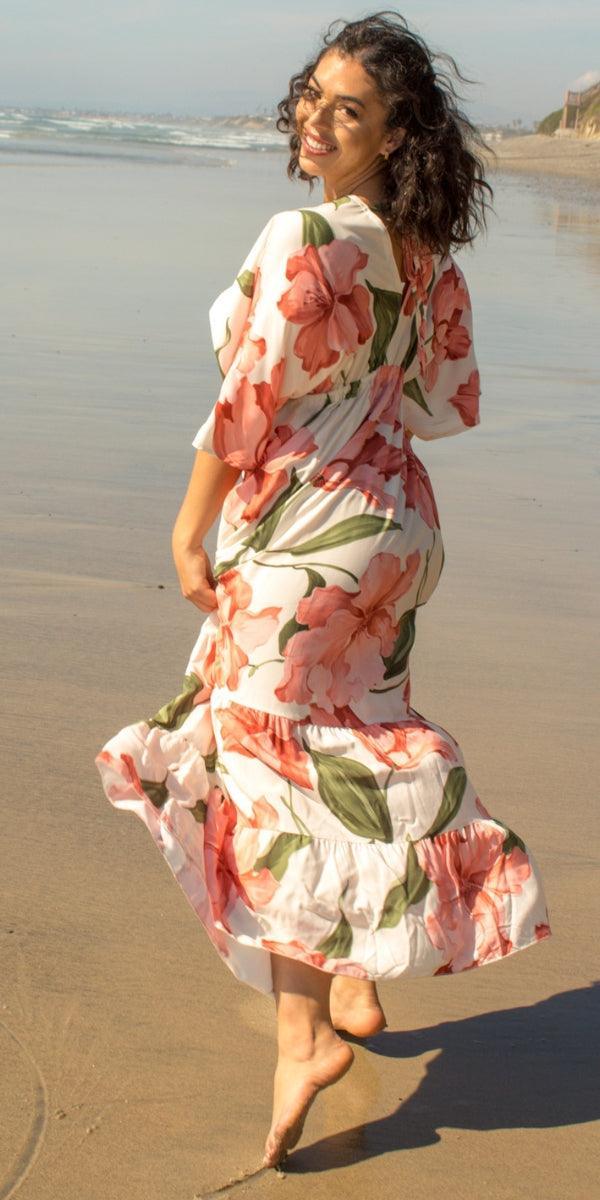 Lily Maxi Dress - Gigi Moda - Made in Italy # Dress, floral, floral design, Floral Print, gigi moda, lily, long dress, Made in Italy, Maxi, resort wear, ruffled hem, Safari, ties in back, v neck