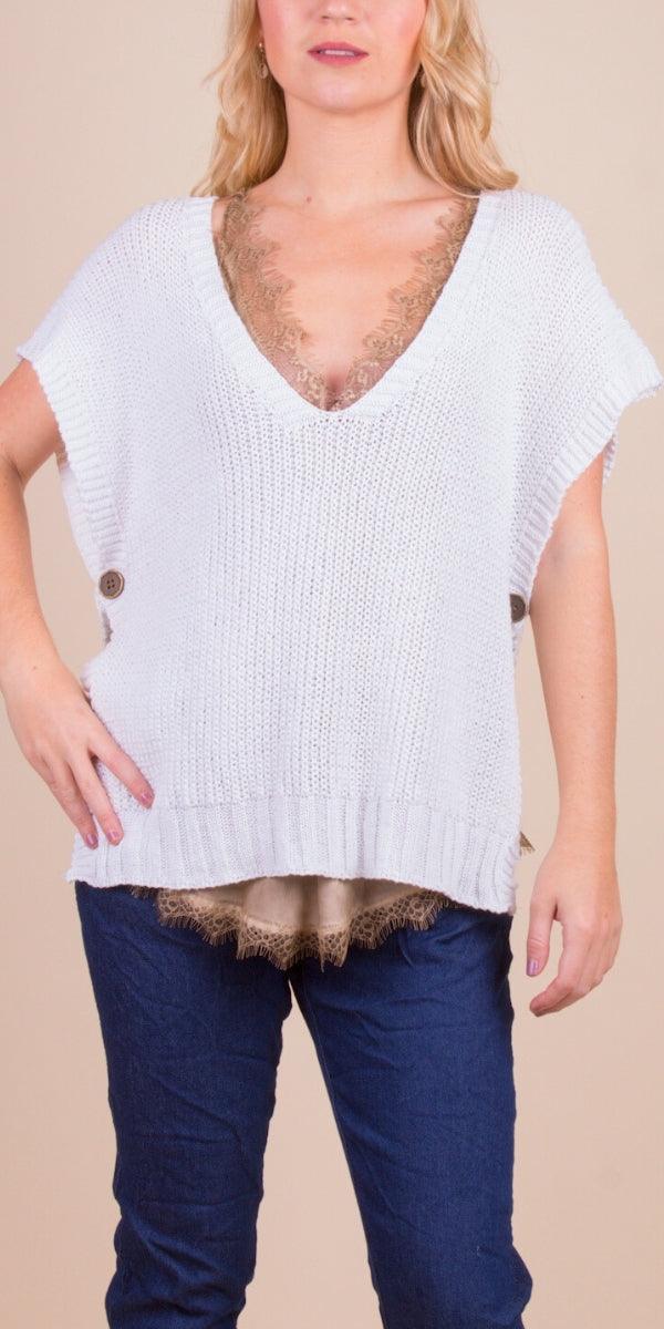 Editta Vest - Gigi Moda - Made in Italy # Buttons, Cap Sleeve, cap sleeves, comforatable fit, Gigi Moda, Italian Sweater, Knit, knit sweater, made in italy, open side vest, shop gigi moda, Sweater, V Neck, Vest, womans clothing