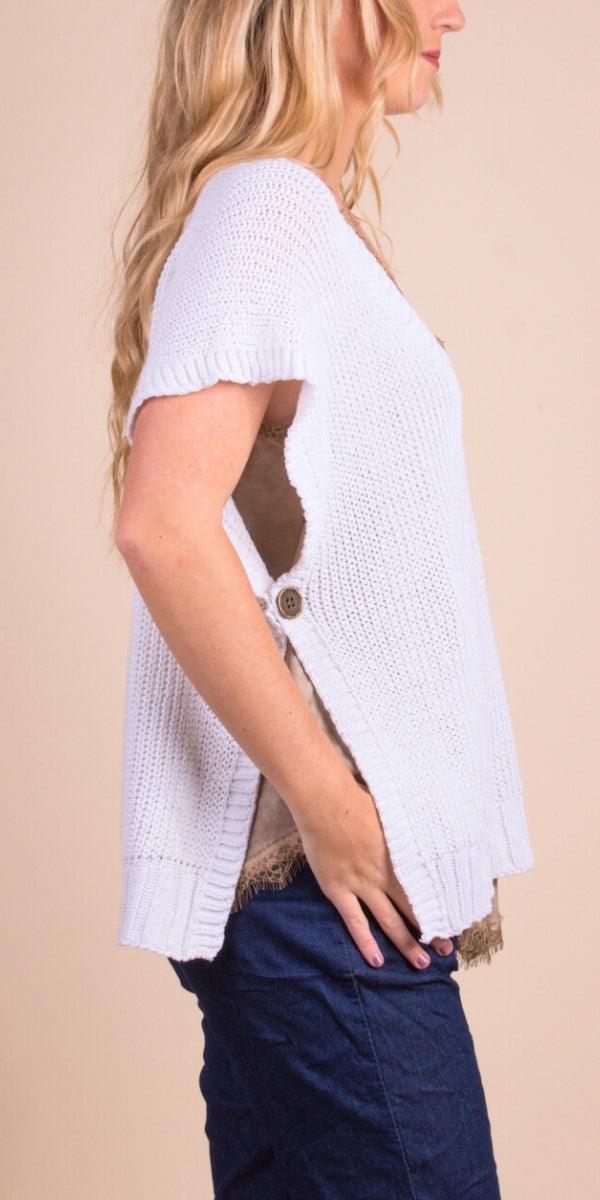 Editta Vest - Gigi Moda - Made in Italy # Buttons, Cap Sleeve, cap sleeves, comforatable fit, Gigi Moda, Italian Sweater, Knit, knit sweater, made in italy, open side vest, shop gigi moda, Sweater, V Neck, Vest, womans clothing