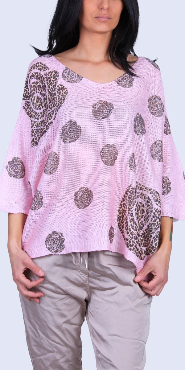 Rosardo Batwing Sweater - Gigi Moda - Made in Italy # batwing, cheetah, cheetah print, Comfortable fit, Cover Up, floral design, Floral Print, Gigi Moda, Knit, knit blouse, knit sweater, made in italy, mesh, mesh sweater, Rose, rose print, Sweater, Womens Clothing, Womens Tops