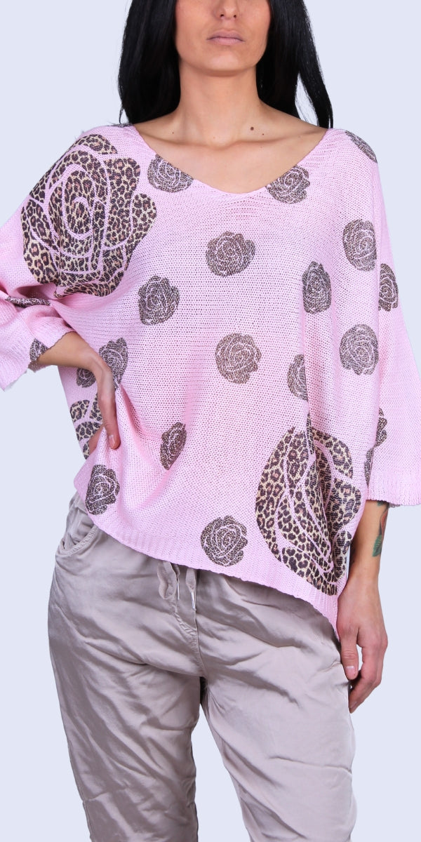 Rosardo Batwing Sweater - Gigi Moda - Made in Italy # batwing, cheetah, cheetah print, Comfortable fit, Cover Up, floral design, Floral Print, Gigi Moda, Knit, knit blouse, knit sweater, made in italy, mesh, mesh sweater, Rose, rose print, Sweater, Womens Clothing, Womens Tops