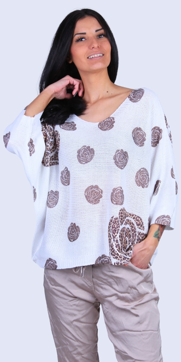 Rosardo Batwing Sweater - Gigi Moda - Made in Italy # batwing, cheetah, cheetah print, Comfortable fit, Cover Up, floral design, Floral Print, Gigi Moda, Knit, knit blouse, knit sweater, made in italy, mesh, mesh sweater, Rose, rose print, Sweater, Womens Clothing, Womens Tops