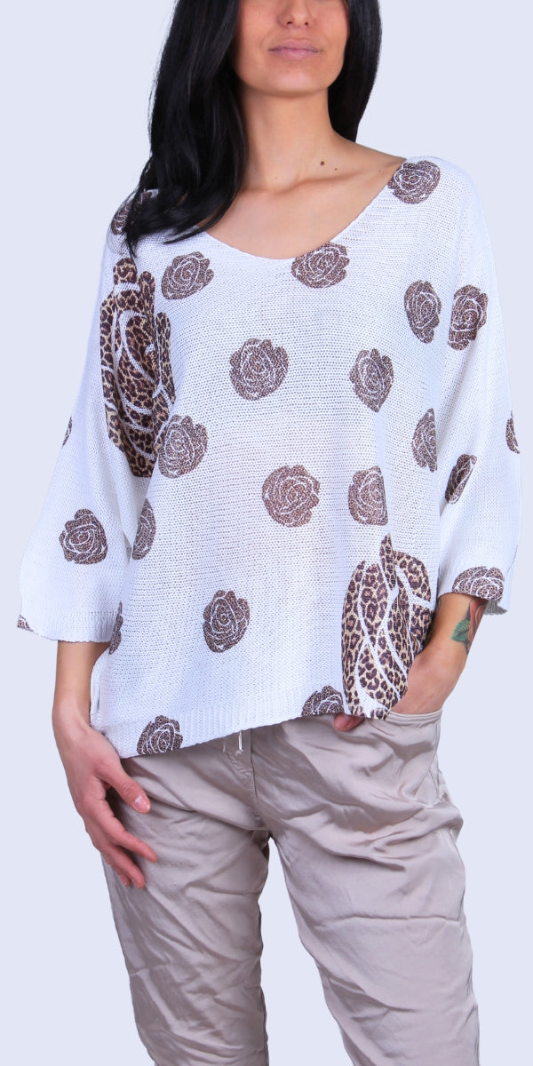 Rosardo Batwing Sweater - Gigi Moda - Made in Italy # batwing, cheetah, cheetah print, Comfortable fit, Cover Up, floral design, Floral Print, Gigi Moda, Knit, knit blouse, knit sweater, made in italy, mesh, mesh sweater, Rose, rose print, Sweater, Womens Clothing, Womens Tops